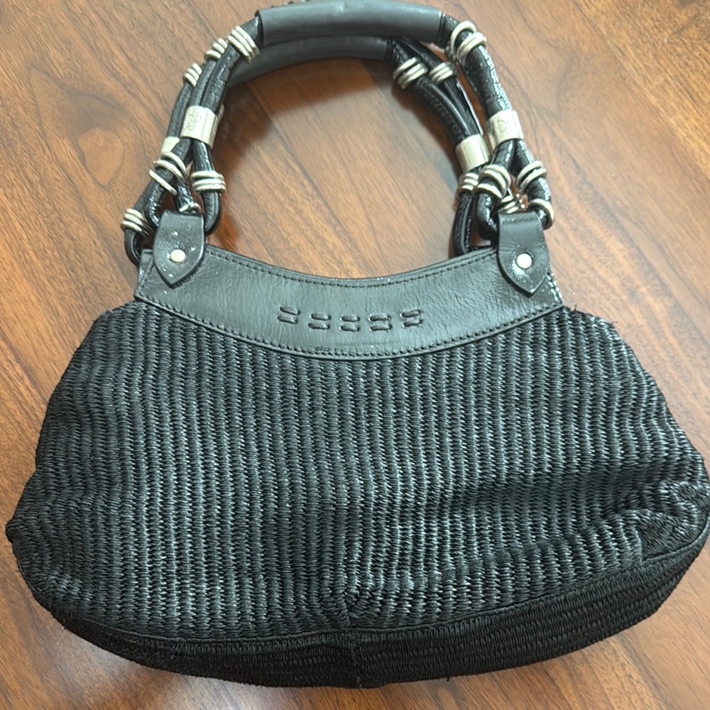 Black Textured Shoulder Bag with Silver Hardware